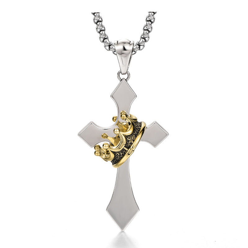 Men's Retro Metal Cross Crown Pendant Necklace - 画像 (4)