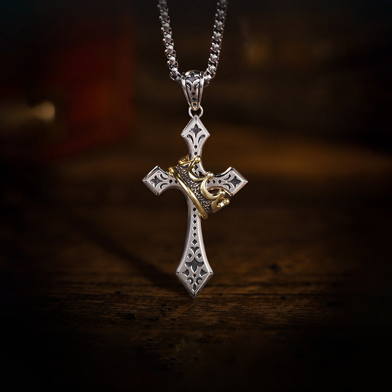 Men's Retro Metal Cross Crown Pendant Necklace - 画像 (2)