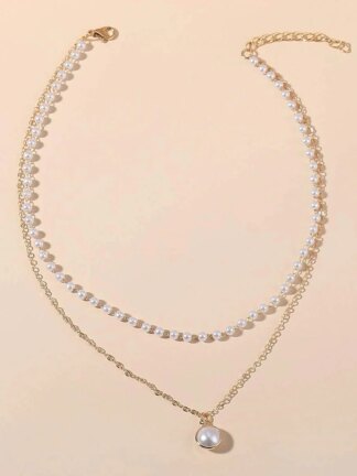 Imitation Pearl Chrome Necklace for Wedding Valentine's Day Daily Double Layered Necklace Wedding Jewelry