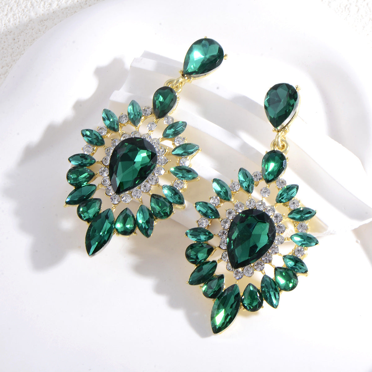 Noble Oval Green Rhinestone High End Drop Earrings - 画像 (3)