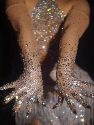 Tulle Elbow Length Glove With Rhinestone Party Glove