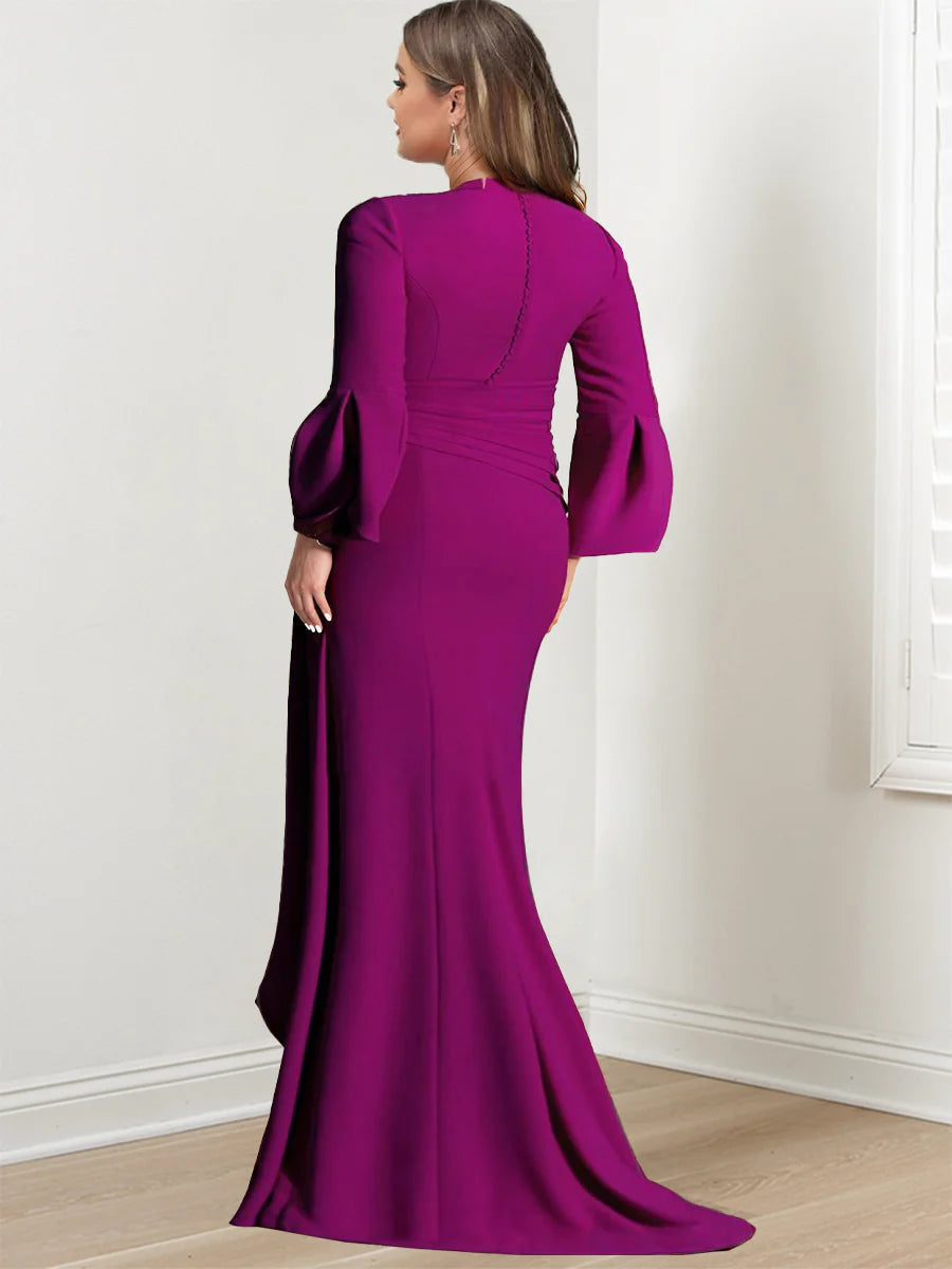 Sheath/Column V-Neck Long Sleeves Floor-Length Plus Size Mother of the Bride Dresses With Split Side - 이미지 2