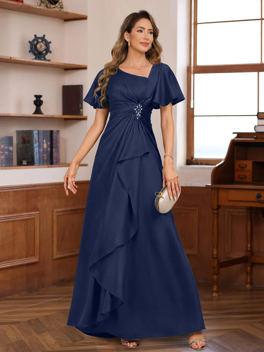 A-Line V Neck Short Sleeves Floor Length Luxurious Mother of the Bride Dresses with Beadings & Sequins - Image 3
