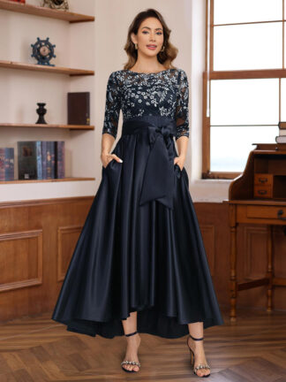 A-Line 3/4 Sleeves Asymmetrical Lace Mother of the Bride & Groom Dresses with Appliques & Bow Belt