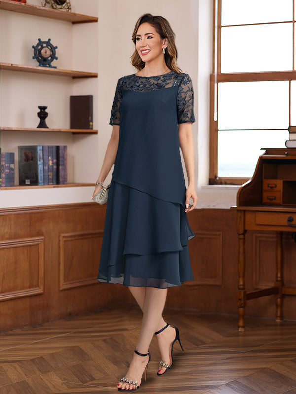 A-Line/Princess Jewel Neck Short Sleeves Knee-Length Mother of the Bride & Groom Dresses with Ruffles & Lace Appliques & Sequins - Image 3