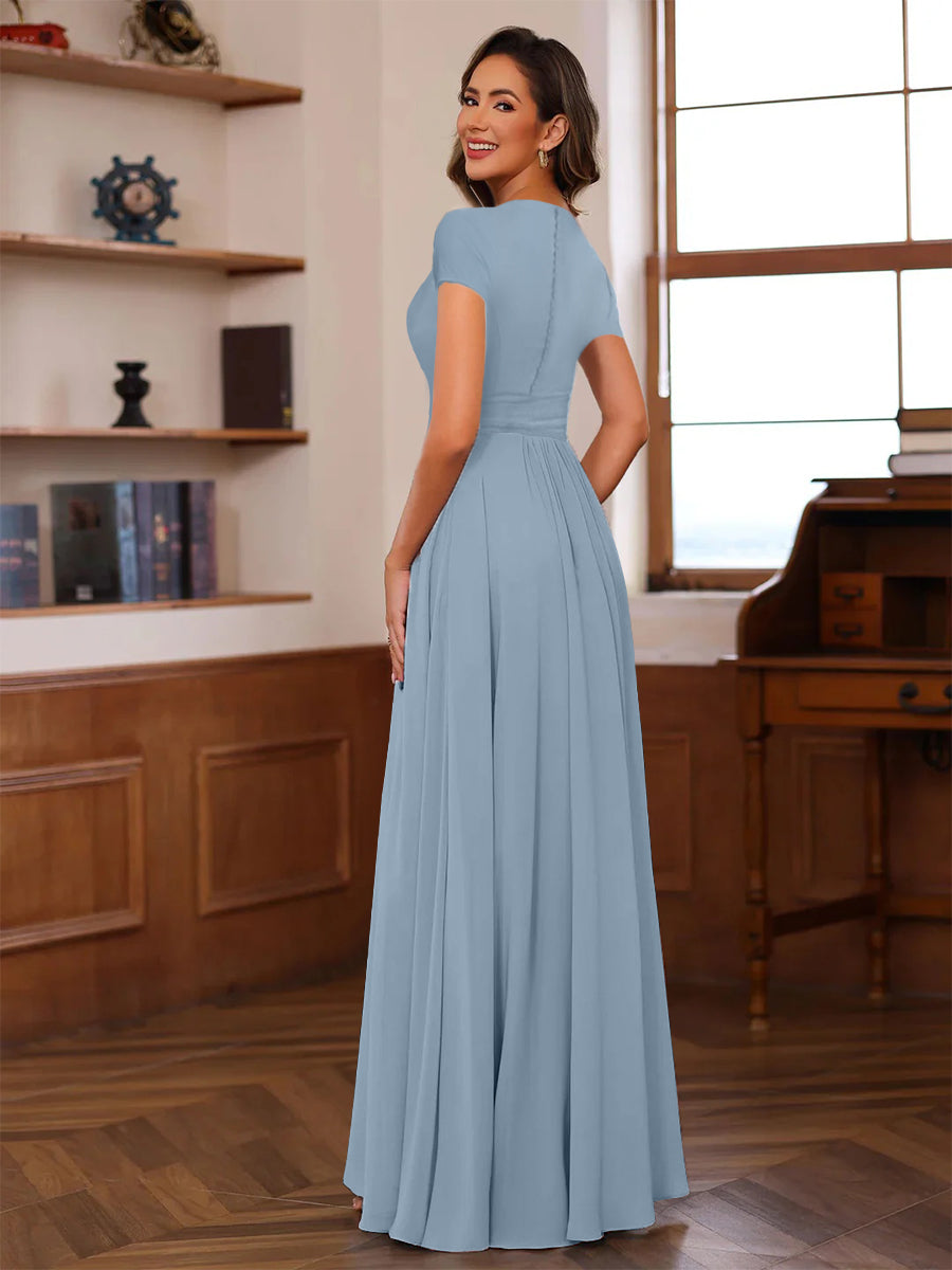 A-Line/Princess Plunge V-Neck Short Sleeves Floor-Length Pleated Mother of the Bride Dresses with Ruffles & Appliques - 画像 (2)