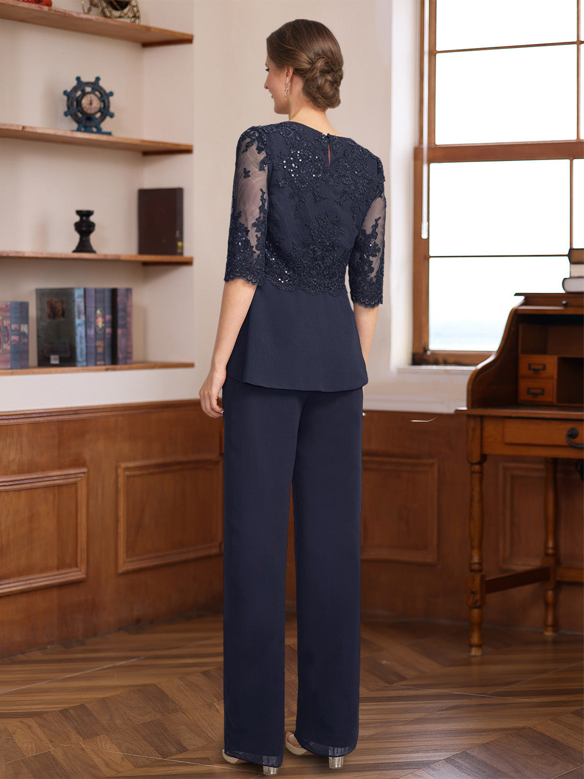 3 Pieces Scoop Half Sleeves Floor-Length Mother of the Bride Pantsuits with Appliques & Sequins & Jacket - Image 5