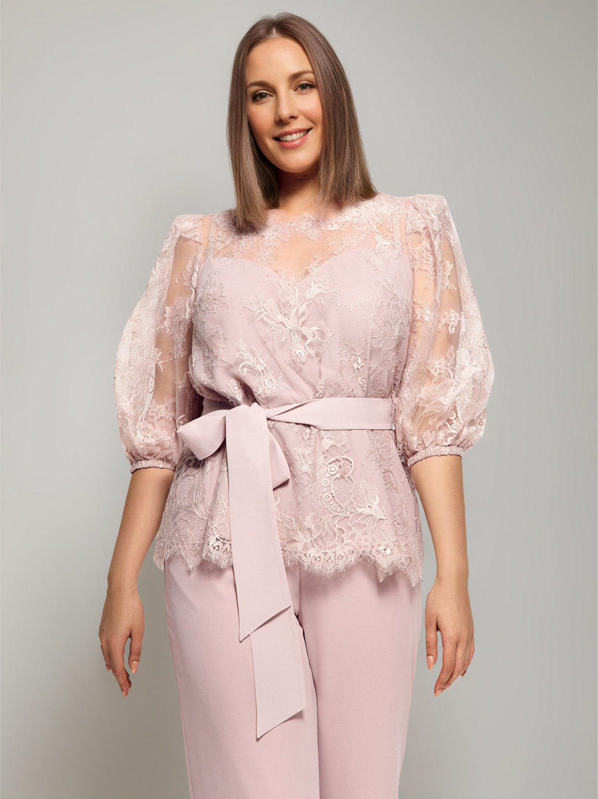 2 Pieces Round Neck Plus Size Half Sleeves Mother of the Bride Paintsuits with Lace & Sash - Image 3