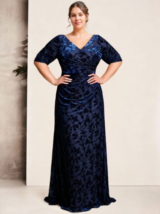Sheath/Column V-Neck Velvet Floral Plus Size Mother of the Bride Dresses Pleated
