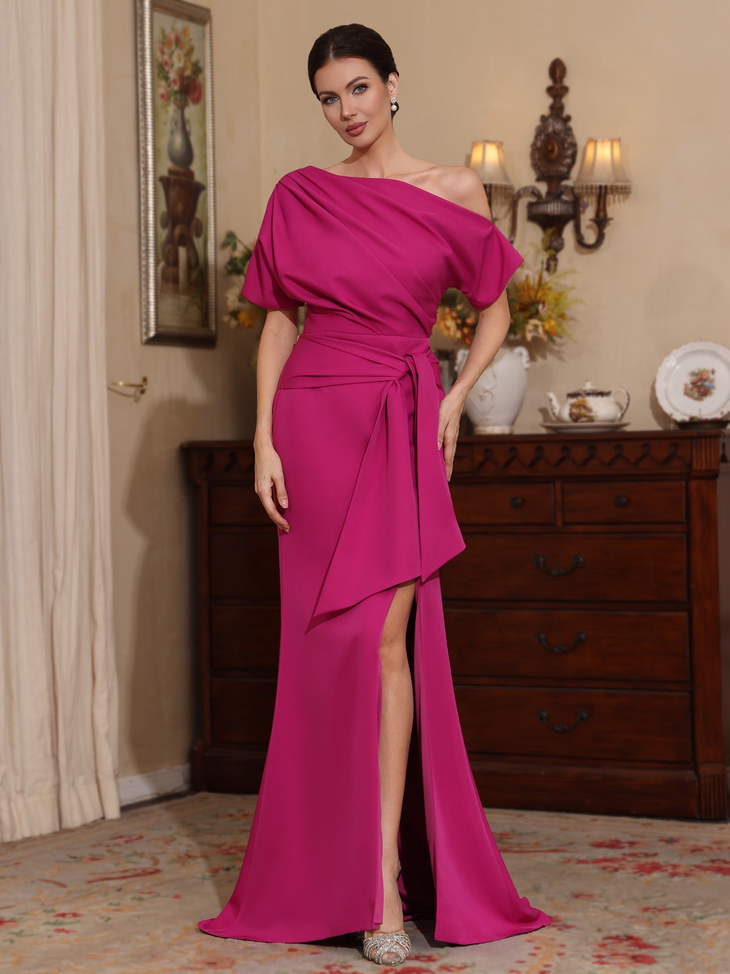 Trumpet/Mermaid One-Shoulder Stretch Satin Mother of the Bride Dresses Floor-Length Sweep Train Short Sleeves Split Side