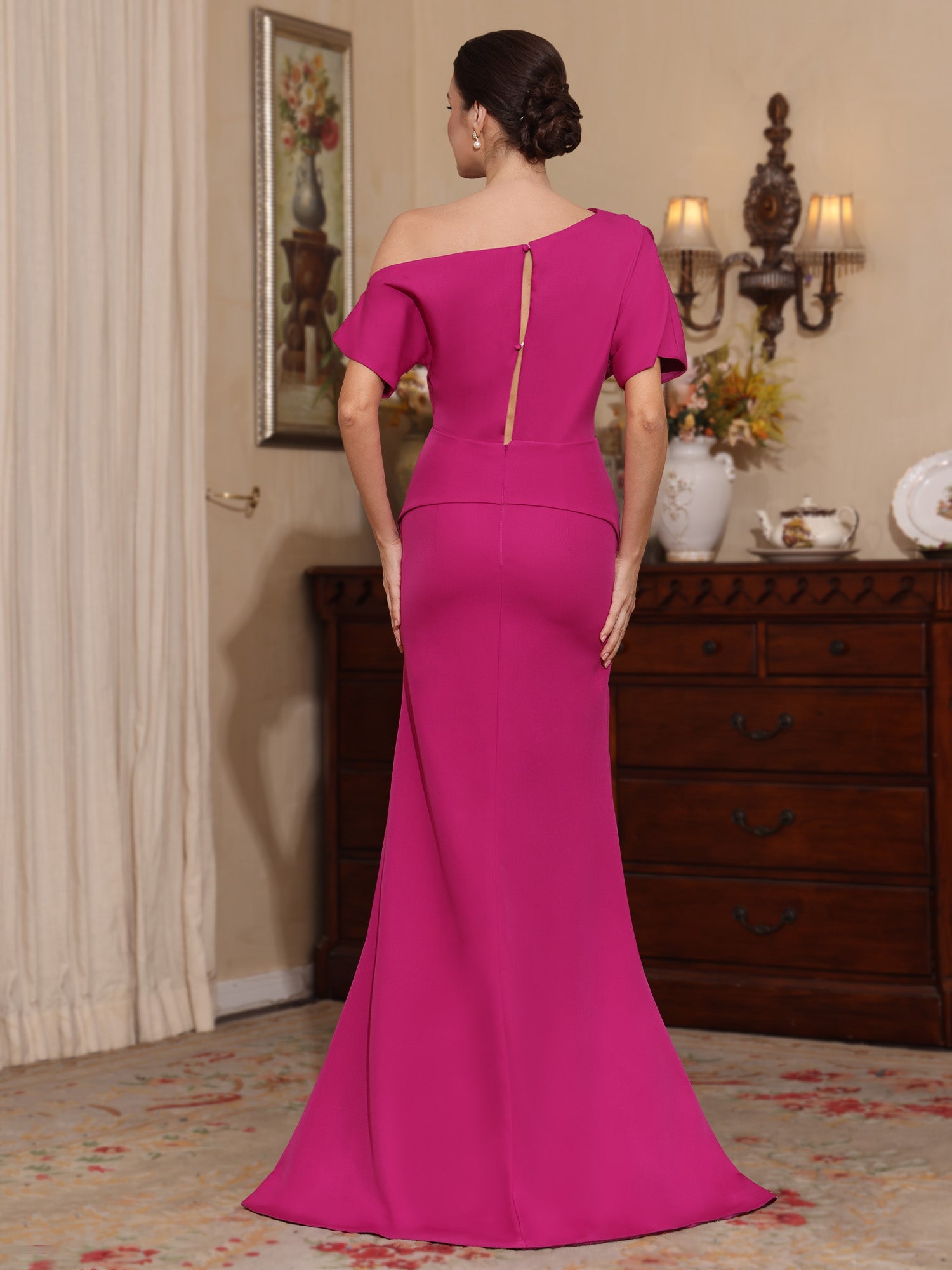 Trumpet/Mermaid One-Shoulder Stretch Satin Mother of the Bride Dresses Floor-Length Sweep Train Short Sleeves Split Side - 画像 (2)