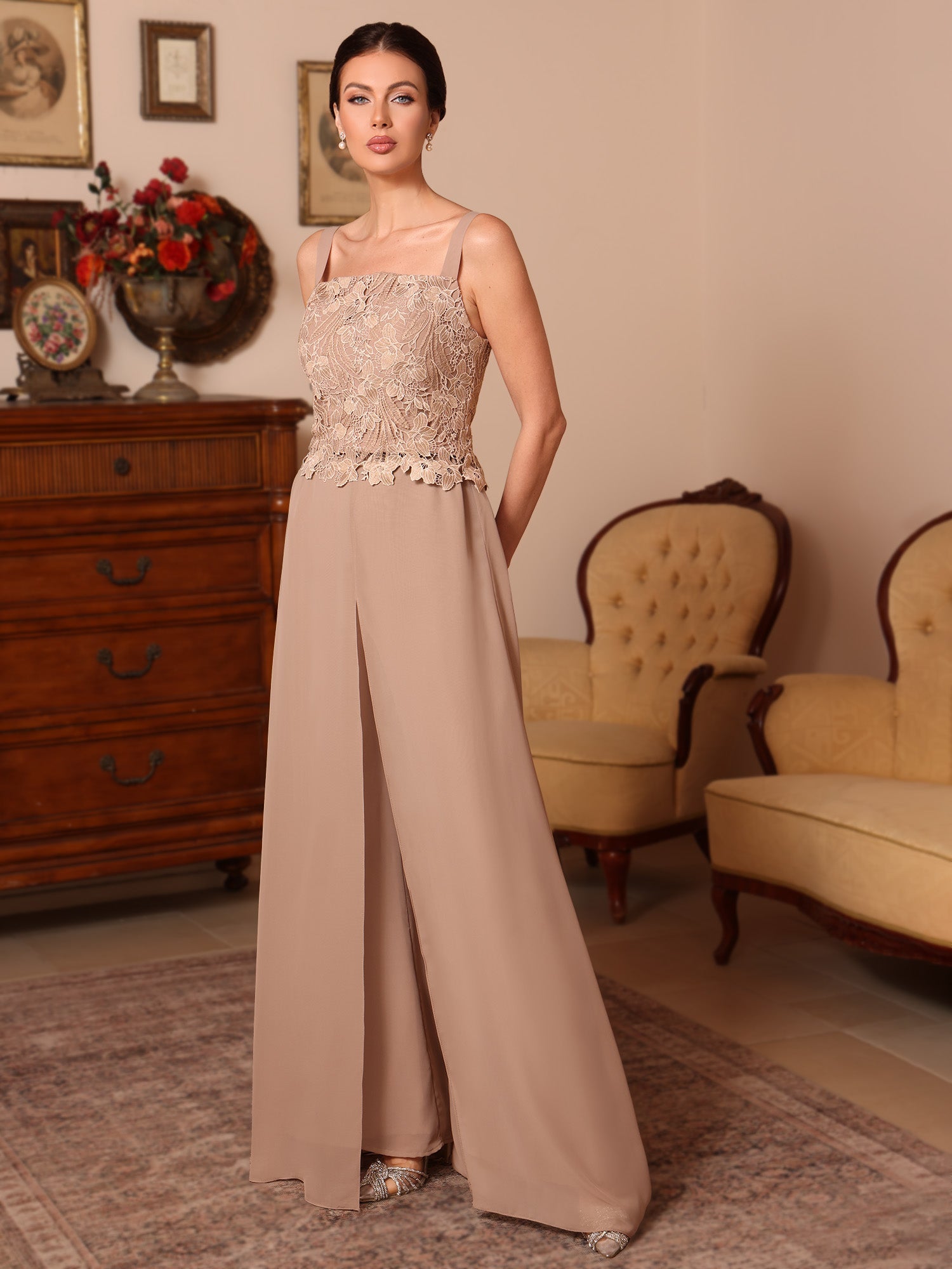 3 Pieces Square Collar Chiffon Mother of the Bride Pantsuits with Jacket Overskirt Lace Floor-Length Long Sleeves - 画像 (3)