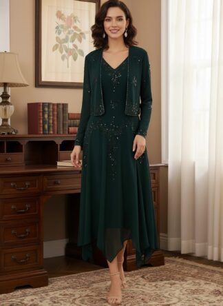 2 Pieces A-Line/Princess V-Neck Chiffon Mother of the Bride Dresses with Jacket Lace Sequins Tea-Length Long Sleeves