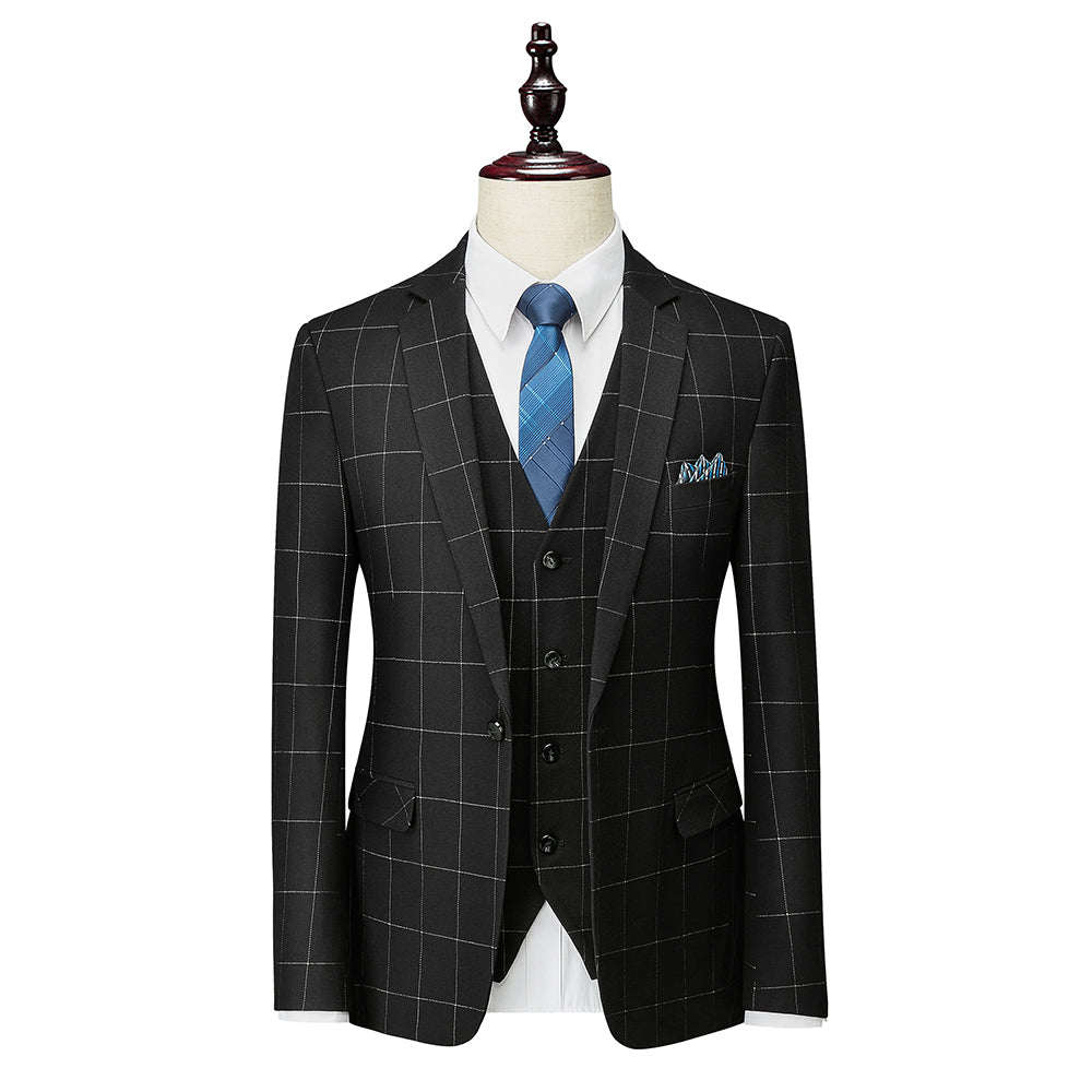 Men's Tailored Fit Single Breasted One-button 3 Pieces Plaid Wedding Suits - Image 2
