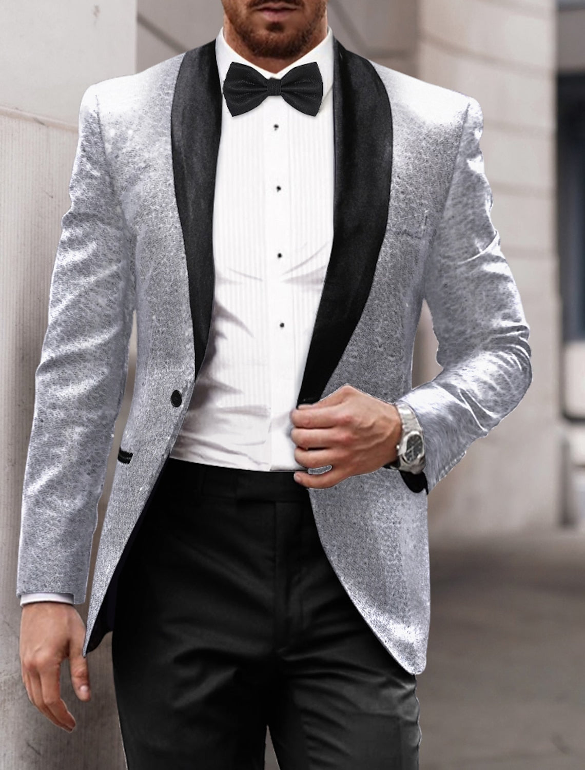 Gold Red Blue Silver Men's Tailored Fit Single Breasted One-button Sequins Party Jacket - 이미지 3