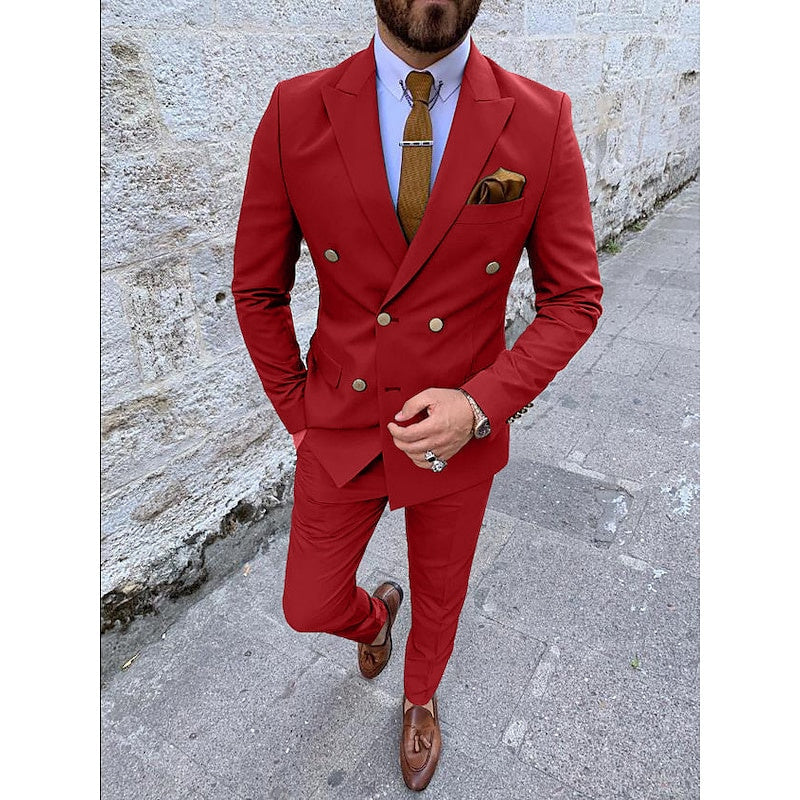 Men's Tailored Fit Double Breasted Six-buttons 2 Pieces Solid Colored Wedding Suits - 이미지 12