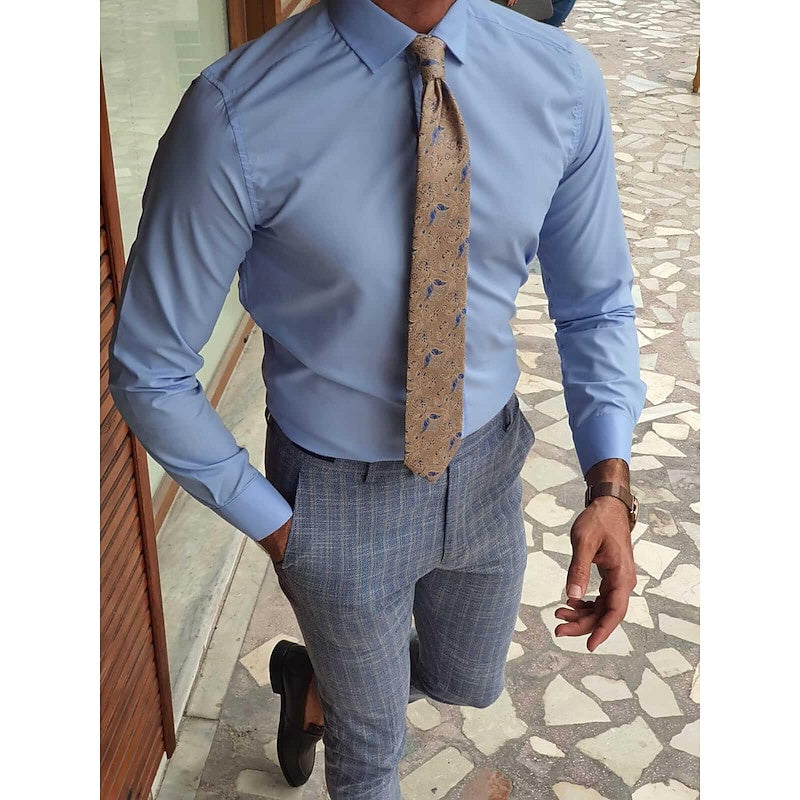 Blue Shirt Men's Standard Fit Long Sleeves Solid Color Shirt - 이미지 2