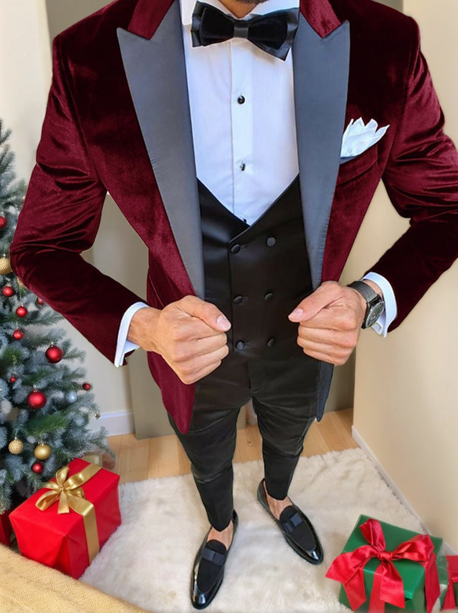 Black Blue Burgundy Men's Vintage Party Velvet Solid Regular Single Breasted One-button Jacket - Image 6