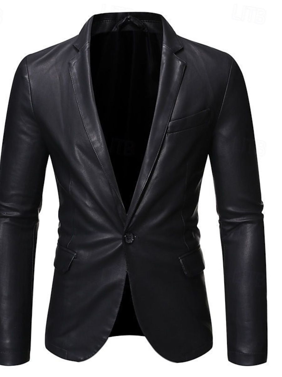 Black Men's PU Leather Blazer Office Work Solid Color Jacket - 이미지 3