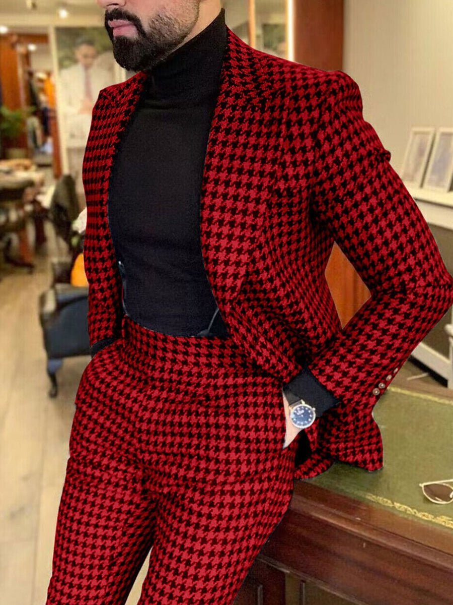 Black Red Men's Retro Stylish Tweed Single Breasted One-Button Daily Party Casual Suits - Image 2