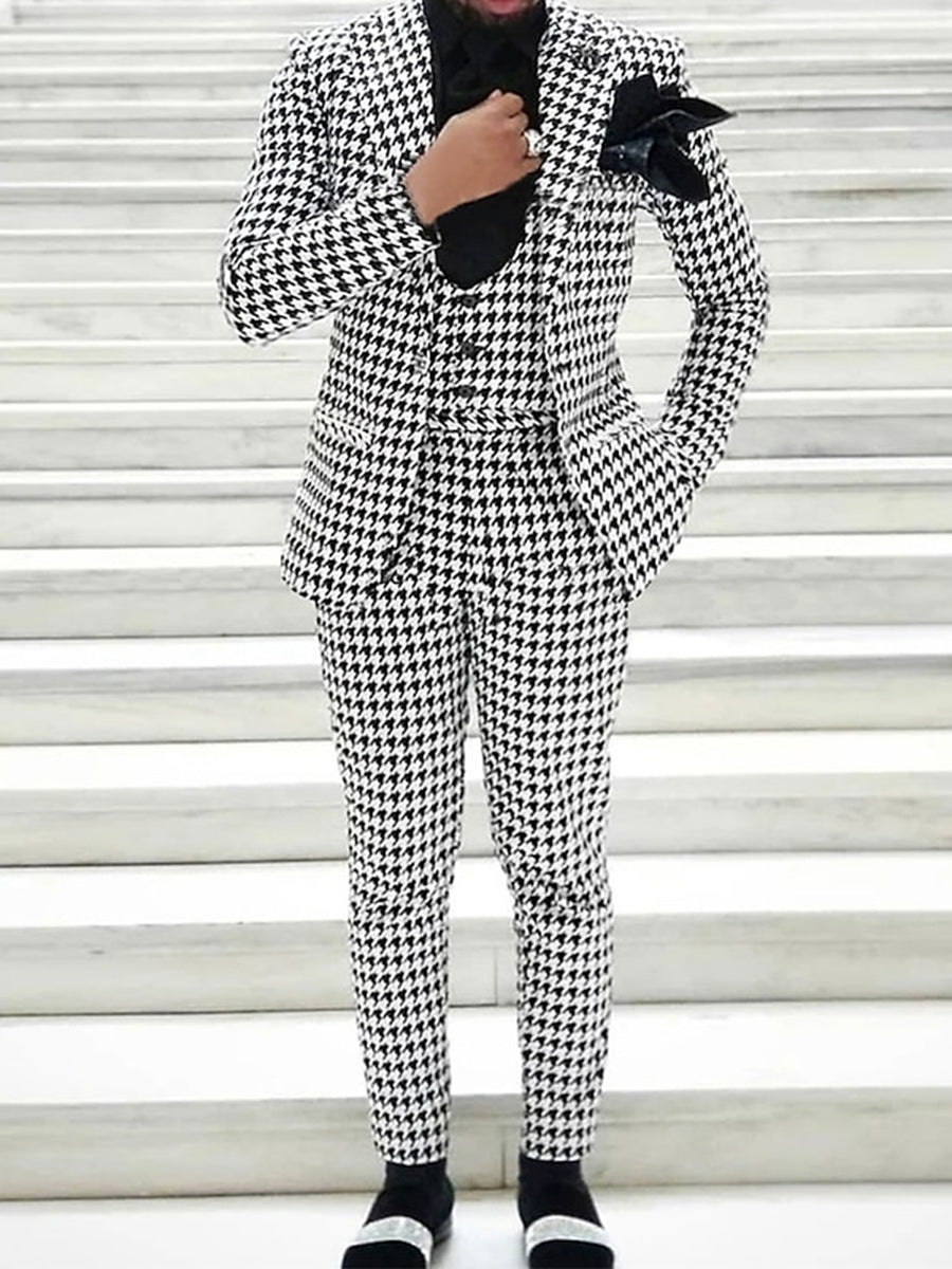 Black White Party Men's Retro Daily Tweed Single Breasted One-Button Party Casual Wedding Suits - Image 2