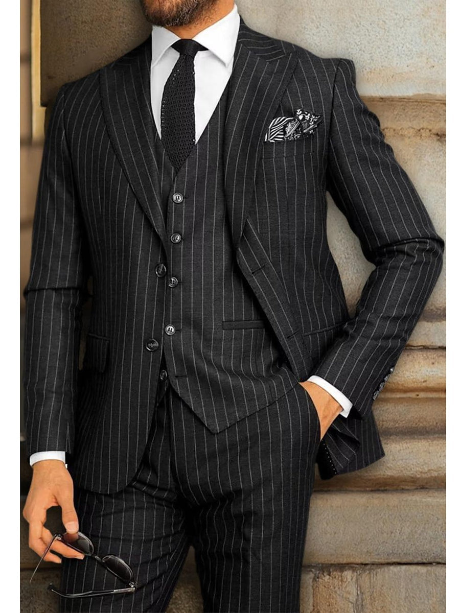 Black Men's Peak Single Breasted Two-Buttons Wedding Party Striped Suits - Image 3