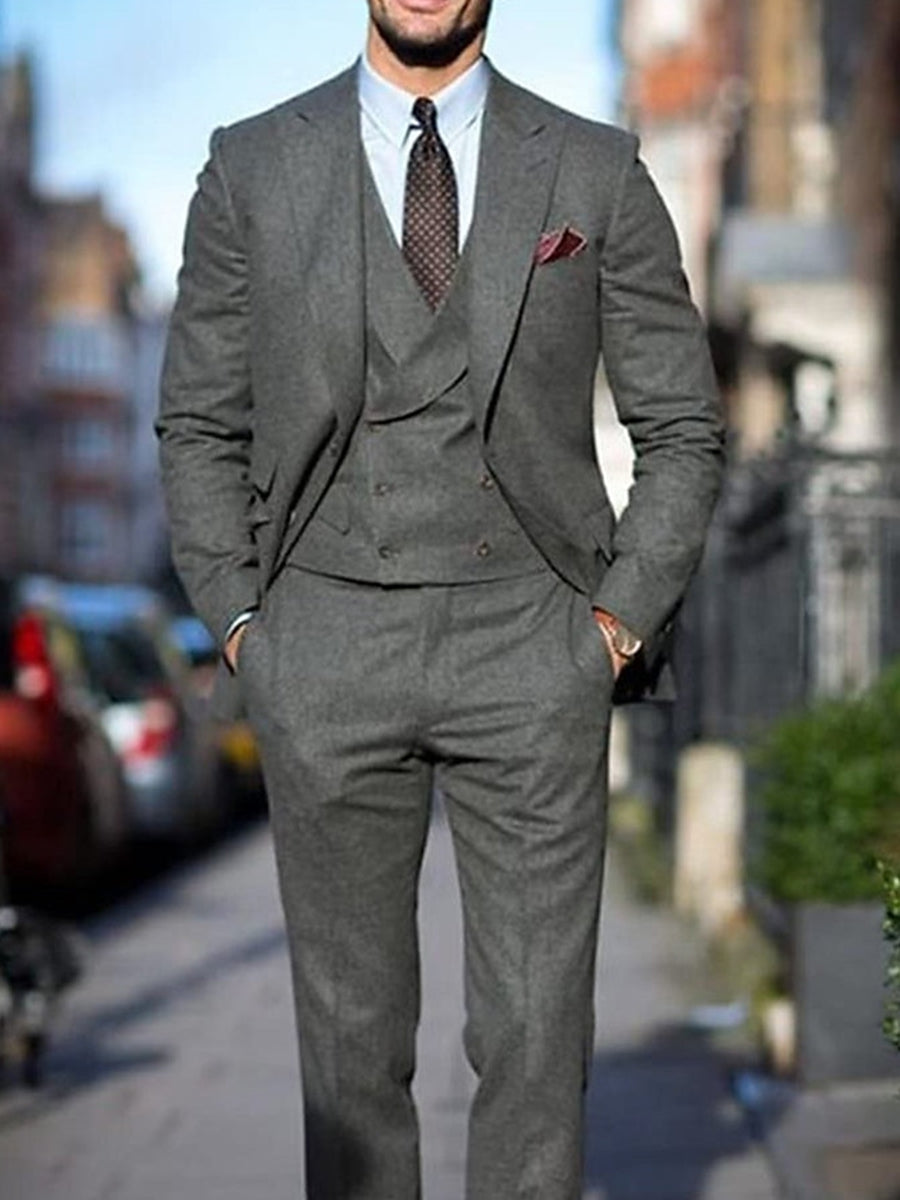 Dark Gray Men's Peak Tweed Single Breasted Two-Buttons Wedding Suits - 이미지 3