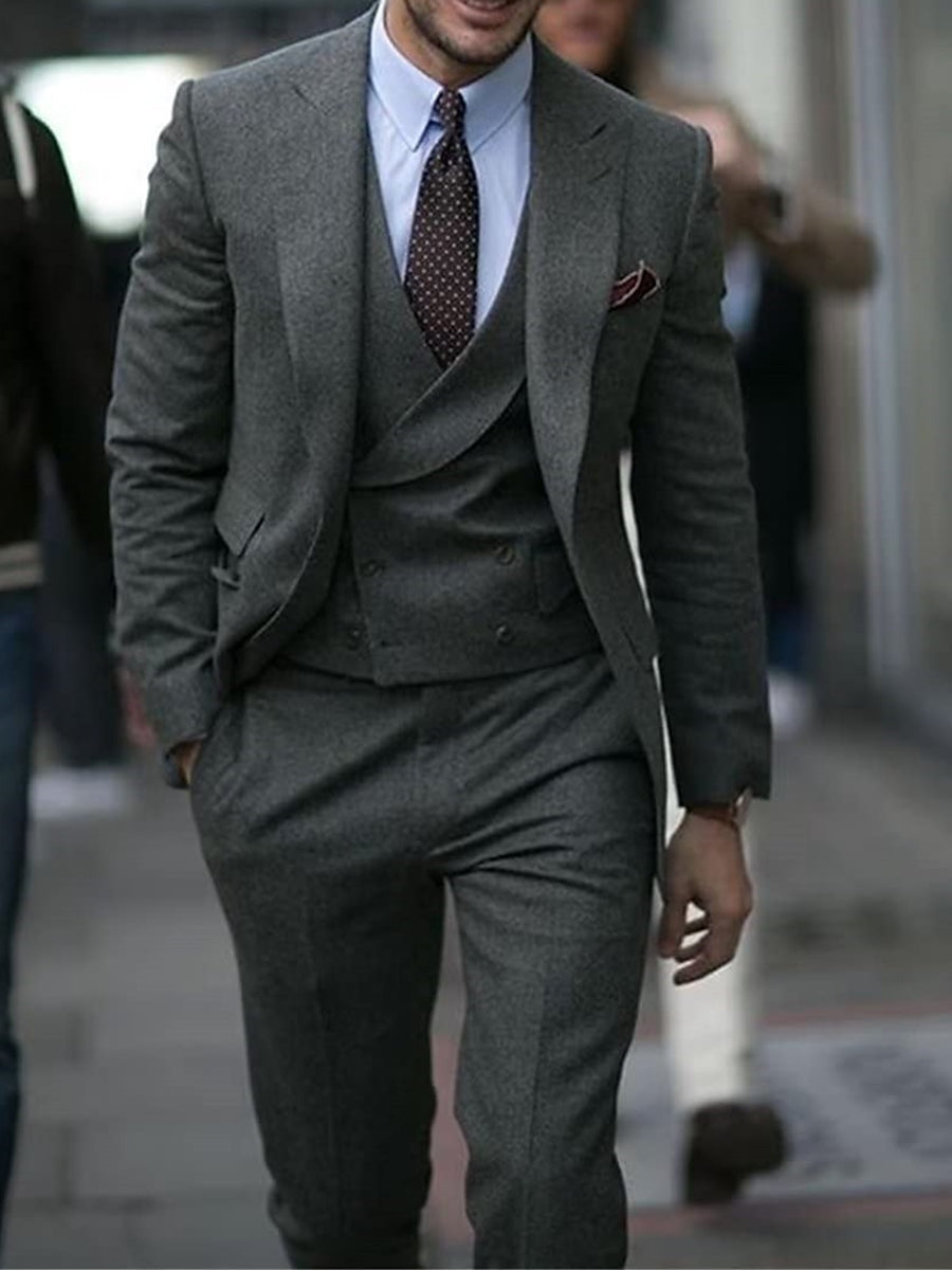 Dark Gray Men's Peak Tweed Single Breasted Two-Buttons Wedding Suits - 이미지 2