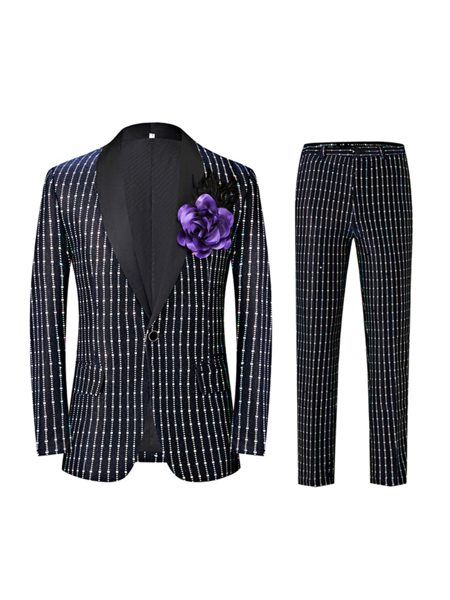 Black Retro Men's Tailored Fit Square Sequins Single Breasted One-Button Formal Party Suits - Image 2