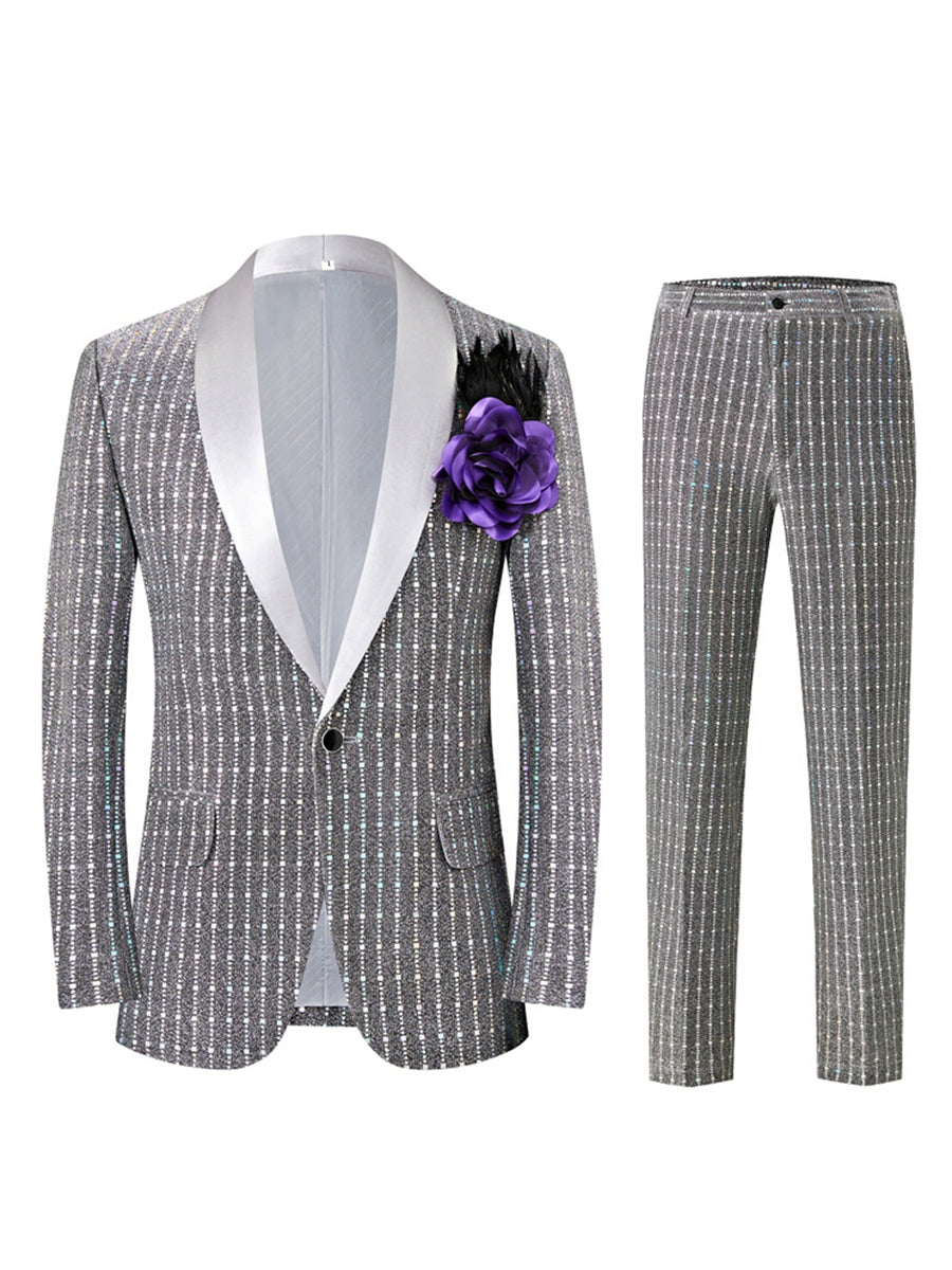 Black Retro Men's Tailored Fit Square Sequins Single Breasted One-Button Formal Party Suits - Image 5