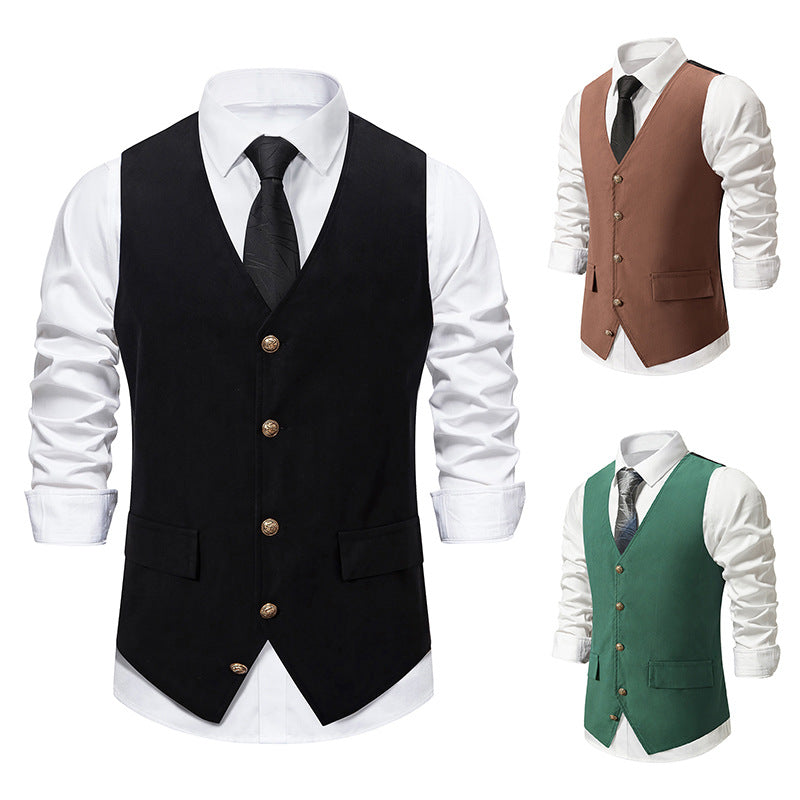 Black Men's Retro V-Neck Solid Single Breasted Buttons Casual Daily Vest with Pocket & Belt - Image 5