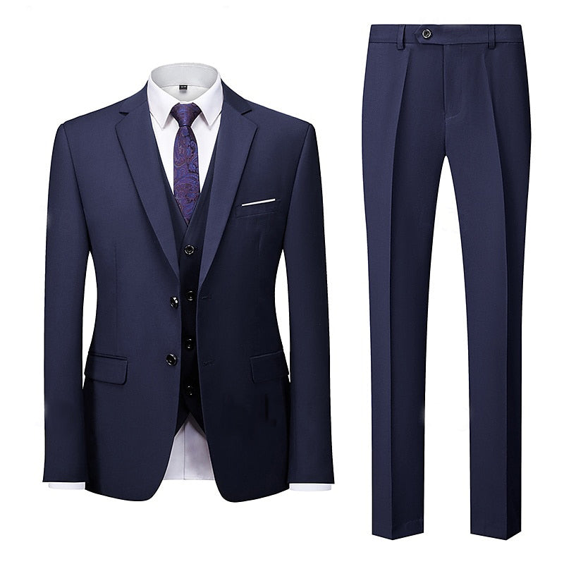Navy Blue Men's Business Standard Fit Single Breasted Two-buttons 3 Pieces Wedding Party Suits - 이미지 2