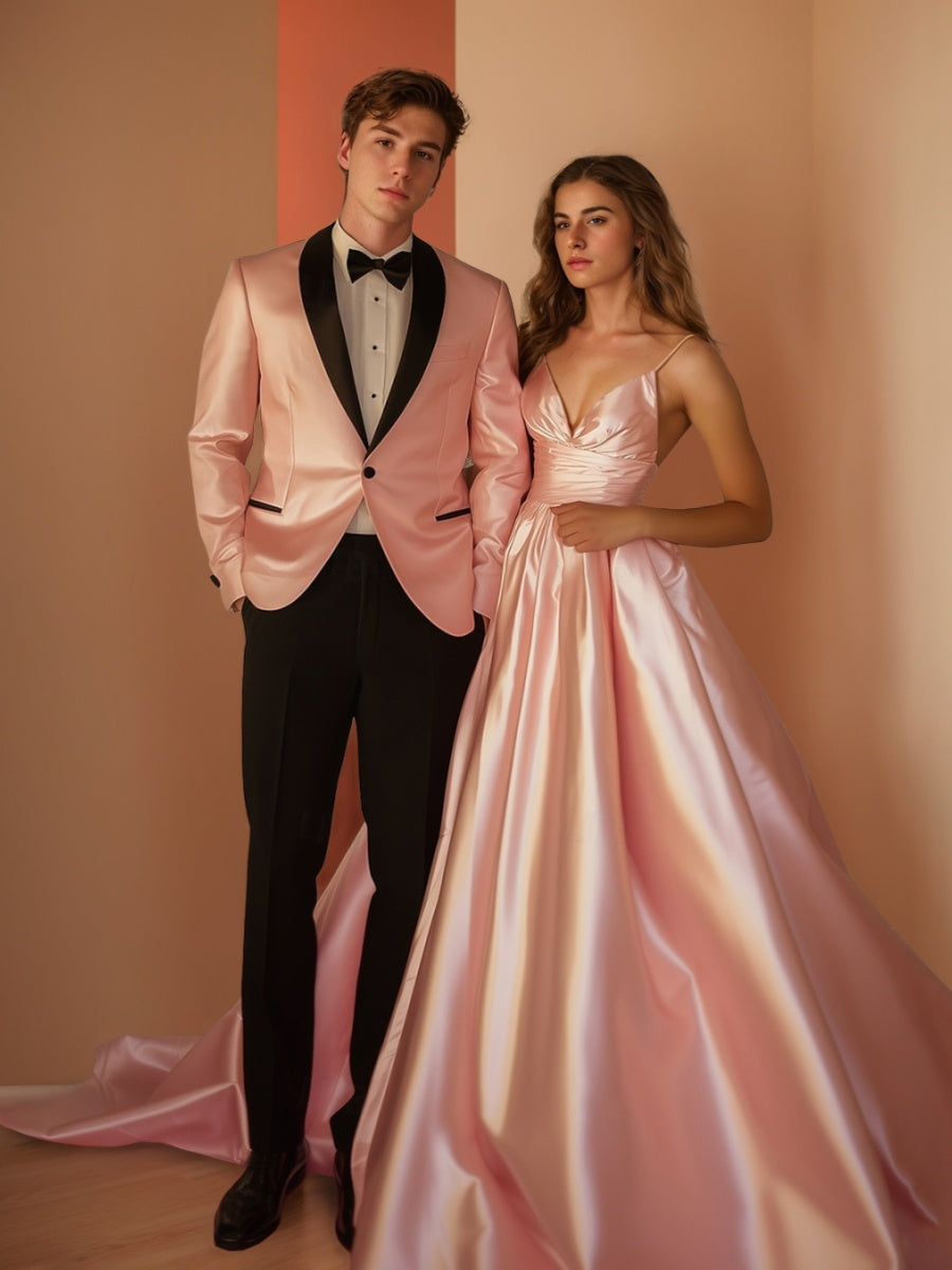 Men's Pink & Black Single Breasted One-button Shawl Lapel Wedding Prom Party Suits - 이미지 3