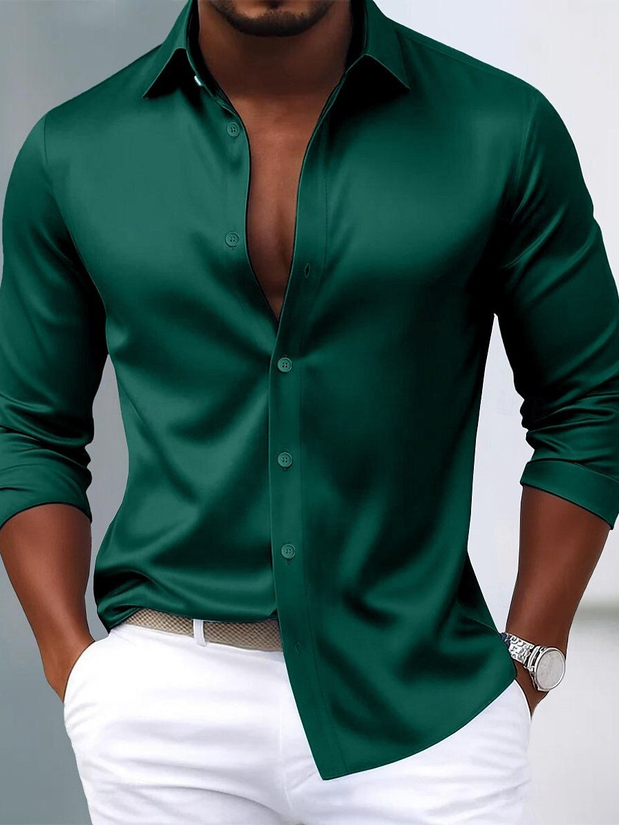 Men's Lapel Neck Long Sleeves Breathable Slim Fit Solid Color Shirt - Image 6