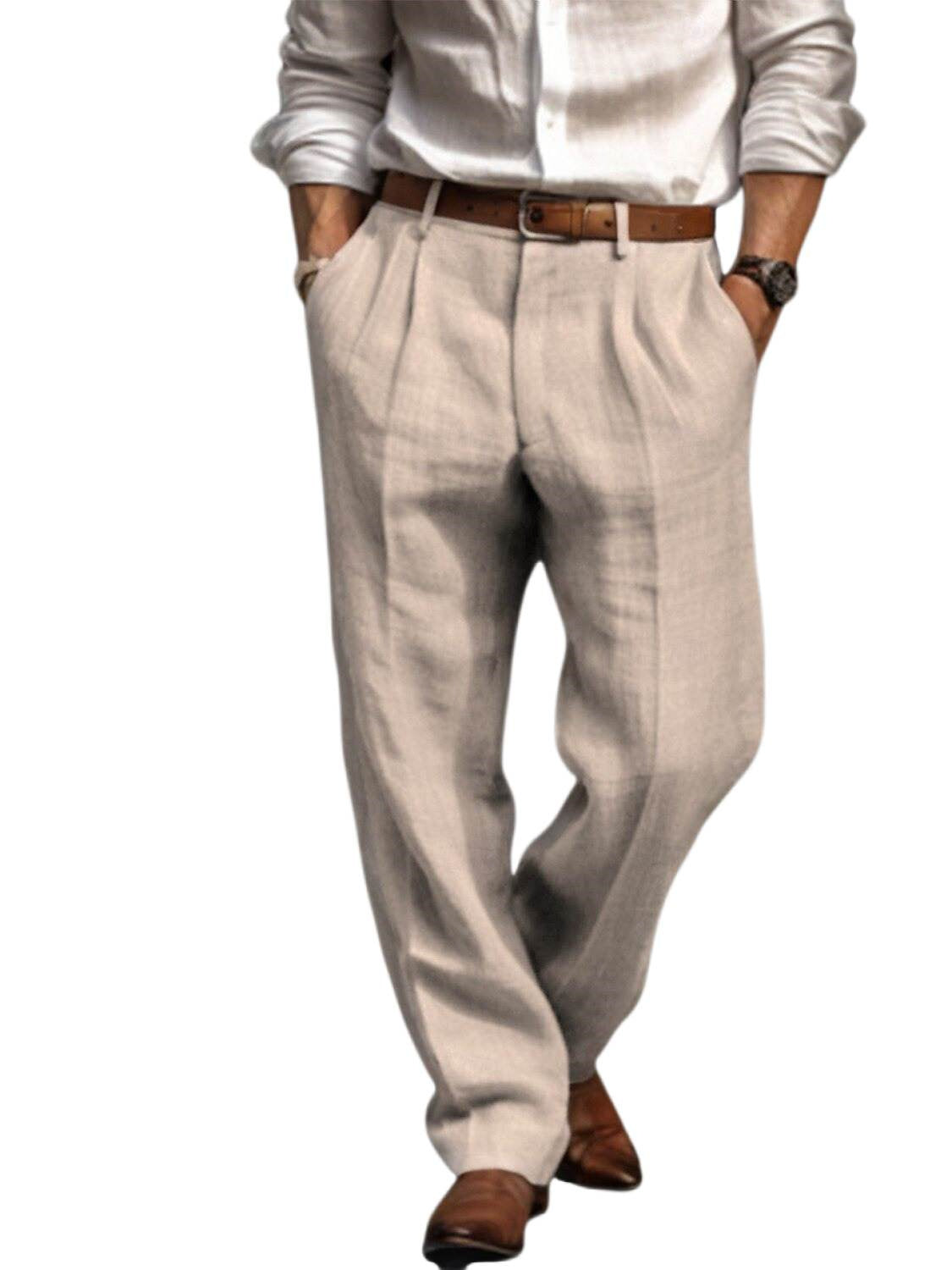 Men's Linen Long Pants Trousers Summer Pleated Fashion Pants