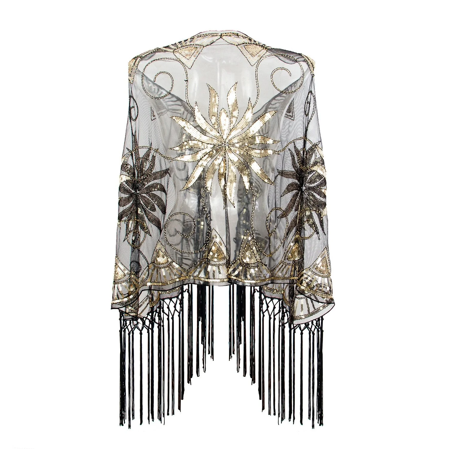 Women's Sequins Tassel Fringe Vintage Dress Cape Wrap Shawls - 画像 (2)
