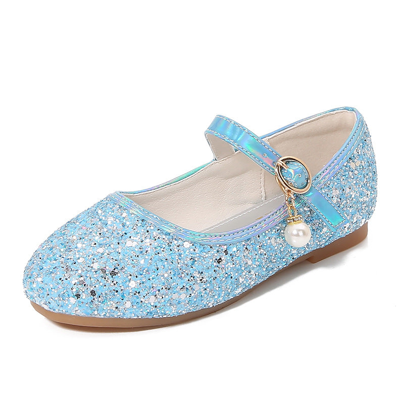 Sparkling Sequins Low Heel Round Toe Minimalist Girl's Shoes with Buckle & Pearl - Image 11