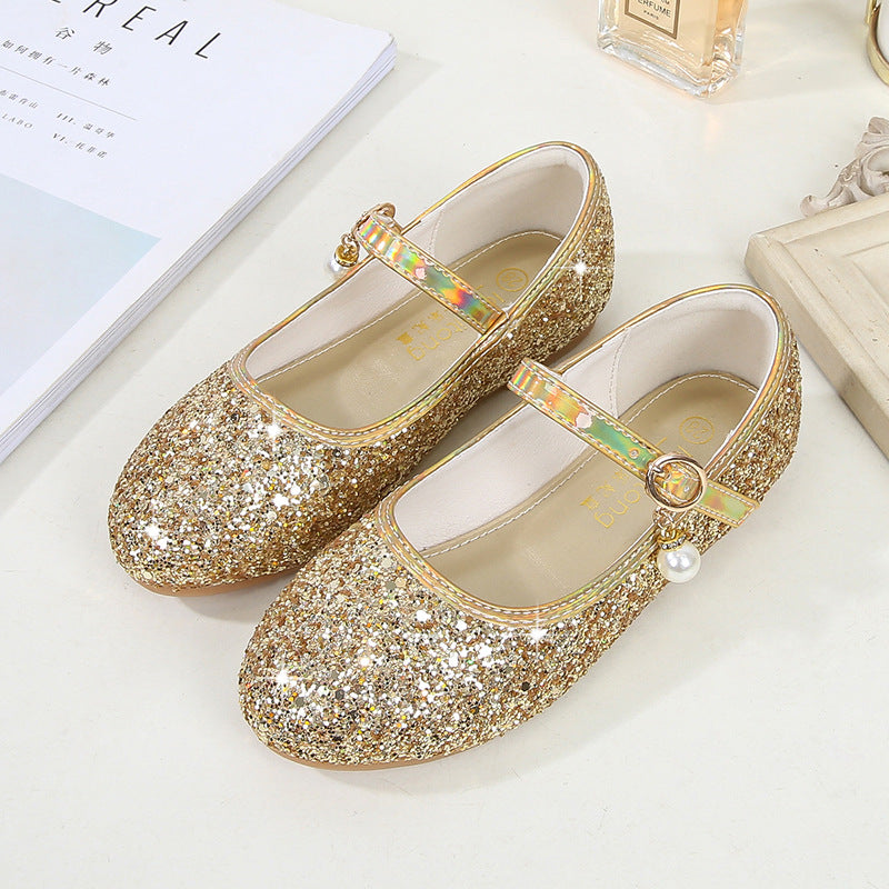 Sparkling Sequins Low Heel Round Toe Minimalist Girl's Shoes with Buckle & Pearl - Image 4