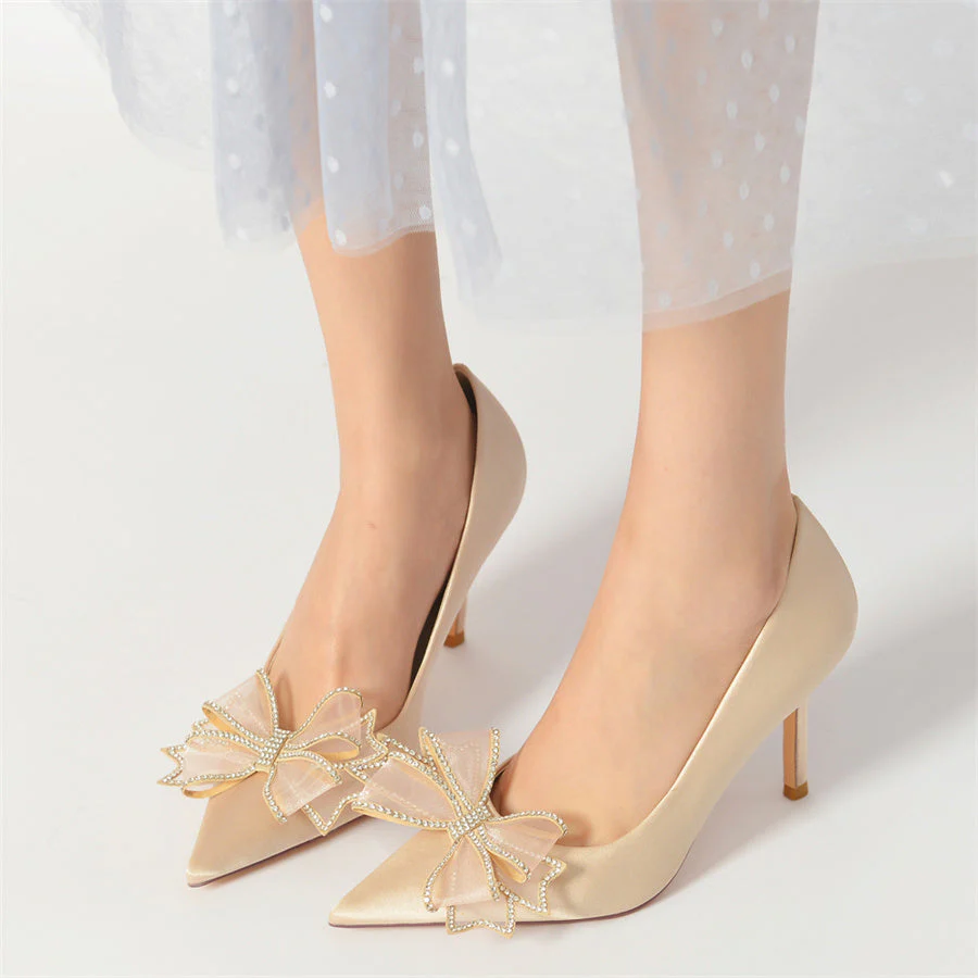 Women's Wedding Silk Satin Pointed Toe Stiletto Heel Bridal Shoes with Crystal Bow - 画像 (2)