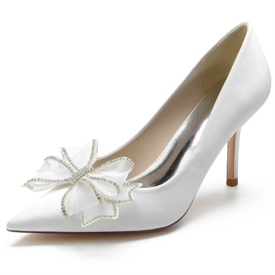 Women's Wedding Silk Satin Pointed Toe Stiletto Heel Bridal Shoes with Crystal Bow - 画像 (3)