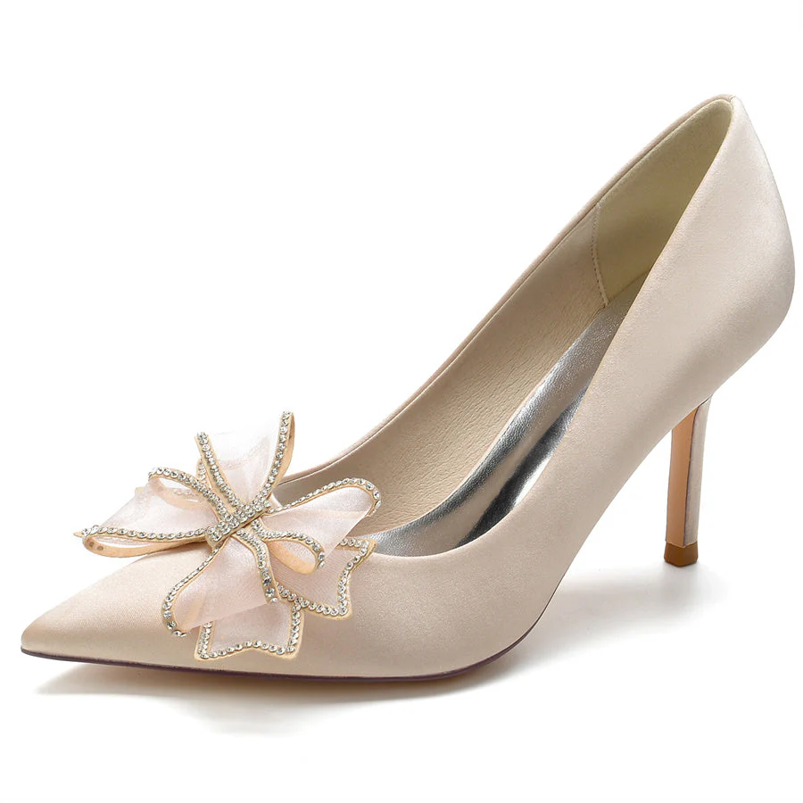 Women's Wedding Silk Satin Pointed Toe Stiletto Heel Bridal Shoes with Crystal Bow - 画像 (8)