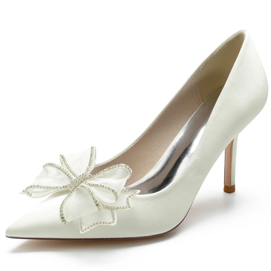 Women's Wedding Silk Satin Pointed Toe Stiletto Heel Bridal Shoes with Crystal Bow - 画像 (4)