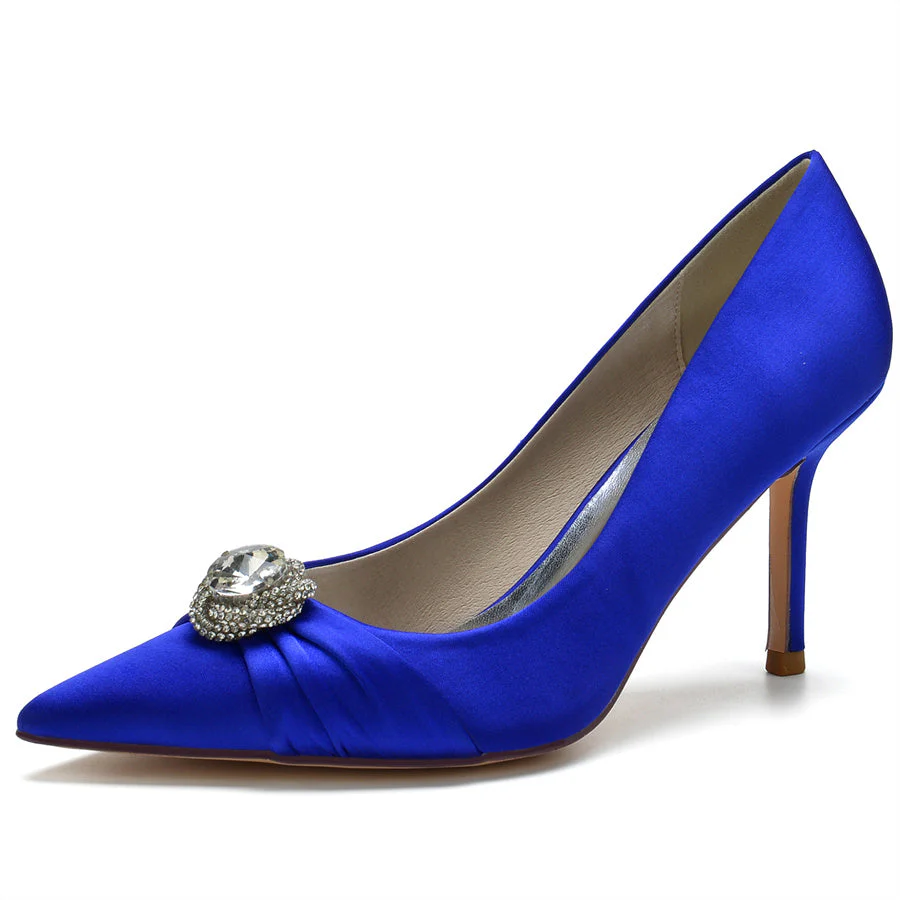 Women's Wedding Silk Satin Stiletto Heel Pointed Toe Bridal Shoes with Big Crystal - 이미지 6