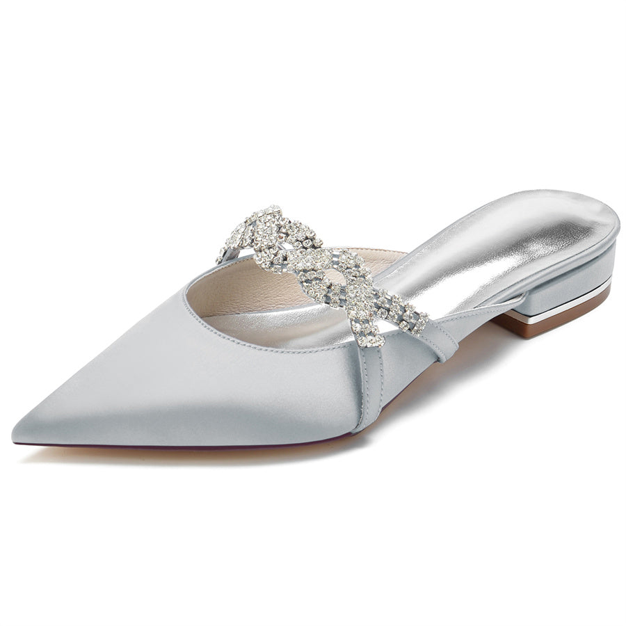 Women's Wedding Shoes Pointed Toe Slippers Low Heel Bridal Shoes with Crystals - Image 13