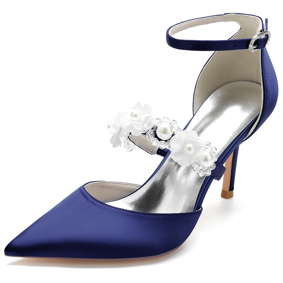 Women's Wedding Shoes Pointed Toe High Heel Bridal Shoes with Pearls & Flowers - Image 10