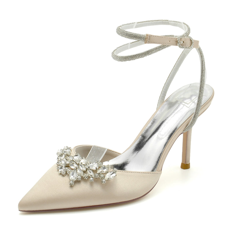 Women's Wedding Shoes Closed Toe High Heel Exquisite Ankle Strap Bridal Shoes with Rhinestone