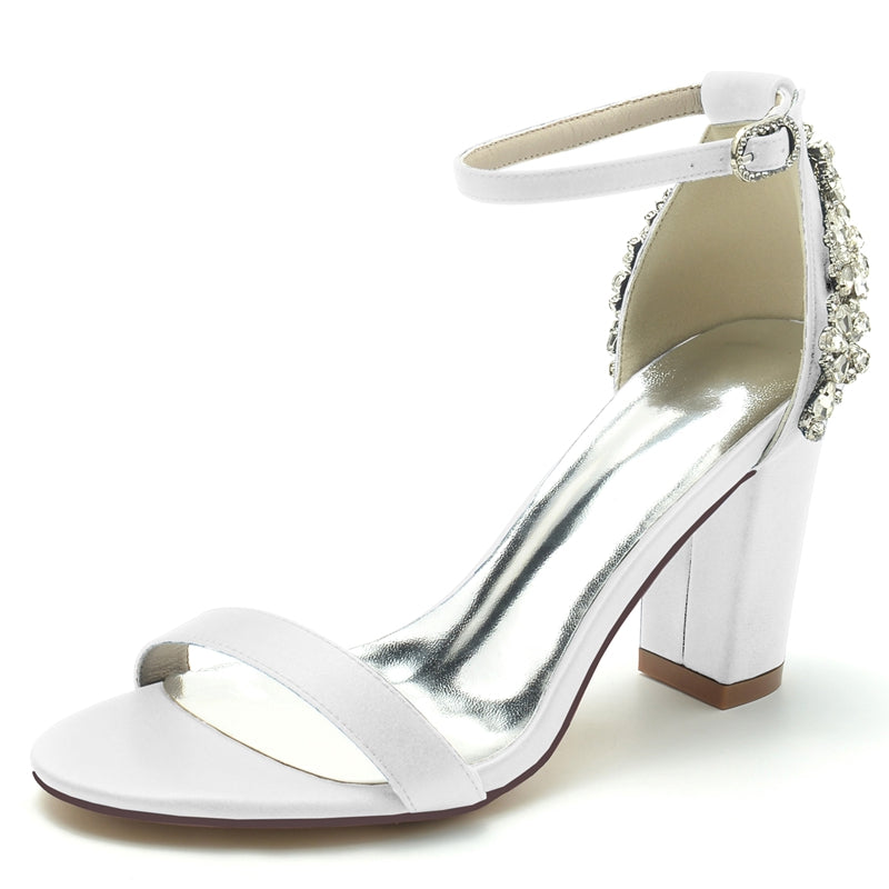 Women's Wedding Shoes Opened Toe Chunky Heel Buckle Bridal Shoes with Patterned Crystal