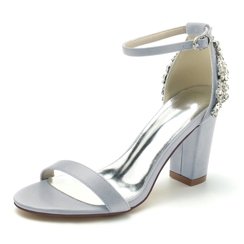 Women's Wedding Shoes Opened Toe Chunky Heel Buckle Bridal Shoes with Patterned Crystal - Image 12