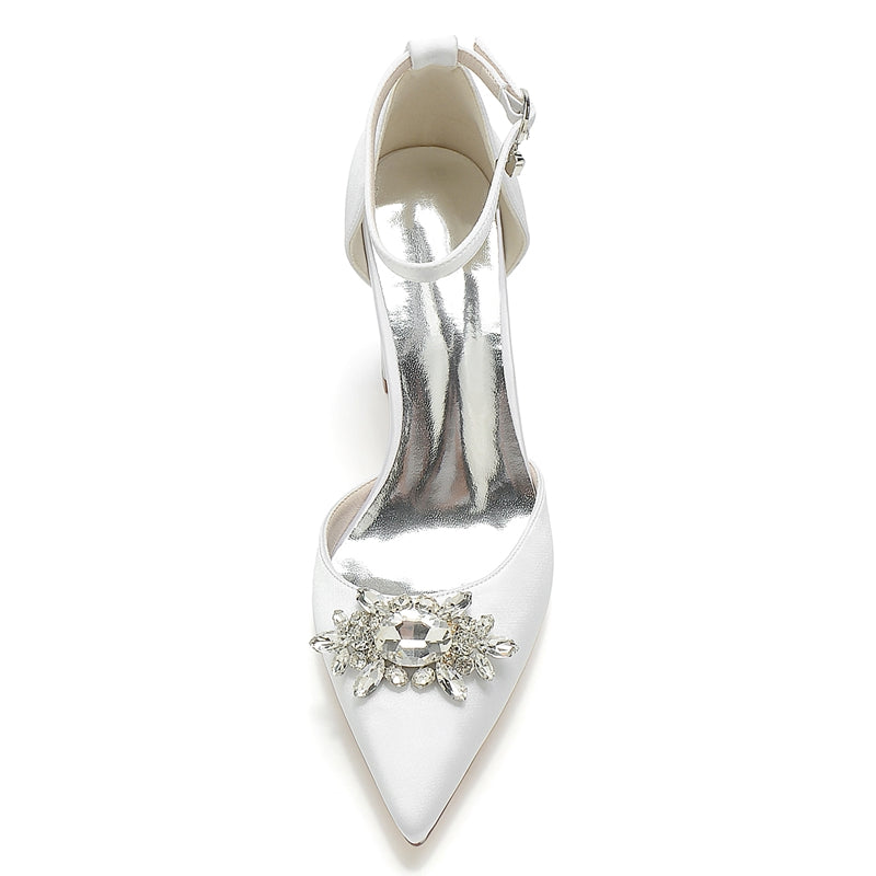 Women's Wedding Shoes Chunky Heel Pointed Toe Sparkling Rhinestone Buckle Bridal Shoes - Image 5