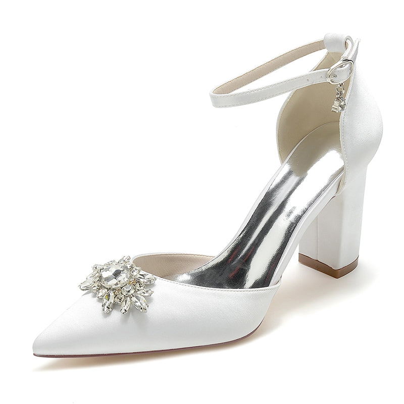 Women's Wedding Shoes Chunky Heel Pointed Toe Sparkling Rhinestone Buckle Bridal Shoes - Image 2
